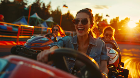 Girlfriends are having fun in the picture. A woman and her friends are riding a red go-kart. They are all smiling and happy to rest. Entertainment at the amusement parkの素材