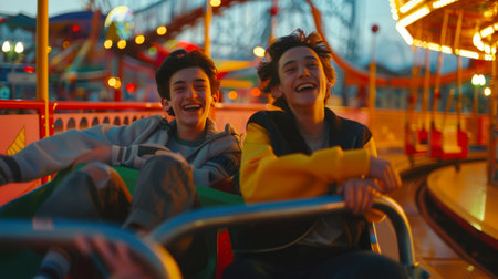 Two young people are riding a roller coaster and laughing. The scene is carefree and fun. Amusement park. Summer entertainment. Holidaysの素材