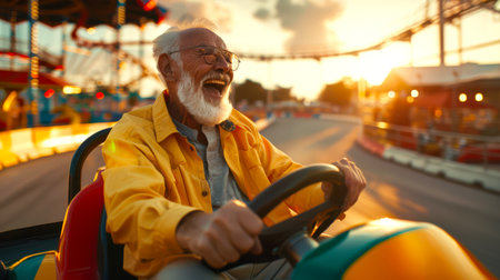 A cheerful gray-haired, bearded grandfather rides a go-kart. An old man in a yellow jacket is driving a yellow car. He smiles and laughs. The car is driving along the go-kart trackの素材