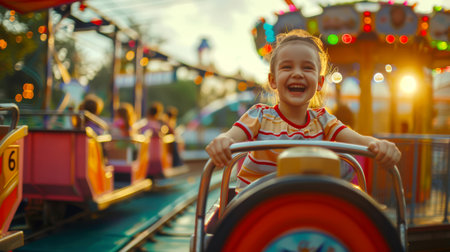 A young happy girl rides on a children's train during the carnival. She smiles and laughs, enjoying the ride. The carnival is filled with other people, some of whom also ride trainsの素材