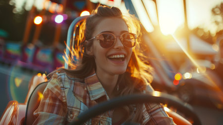 A happy young woman is driving a go-kart and smiling. Summer entertainment at the amusement park. The woman is wearing sunglasses and a plaid shirtの素材