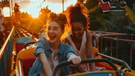 Two girlfriends are riding a roller coaster and laughing. A black girl and a white girl are happily spending time at an amusement park at sunset. The scene is joyful and funnyの素材