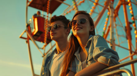 The couple is standing next to the Ferris wheel, smiling and enjoying the view. The scene looks happy and carefree. A date at the amusement park at sunset.の素材