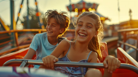 A happy brother and sister are riding a roller coaster. Two children are having fun at an amusement park. The scene is joyful and carefree. Family weekendの素材