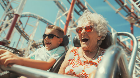 A gray-haired elderly woman and a little boy in sunglasses ride a roller coaster. A grandmother and her grandson in an amusement park on a sunny summer day. The woman is wearing sunglasses.の素材