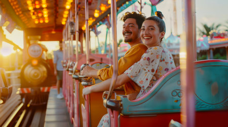 Family weekend at the amusement park. A young heterosexual couple rides a beautiful children's train at the carnival. The man smiles and the woman laughsの素材