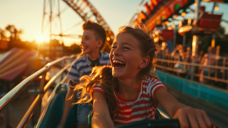 Two joyful laughing children ride a roller coaster at an amusement park at sunset. summer holidays Family weekend. Brother and sister have a great time togetherの素材