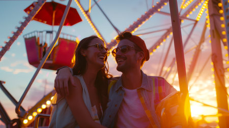 A date at an amusement park on a warm summer evening. A heterosexual couple in love is sitting by the Ferris wheel at sunset. They smile and enjoy each other's company.の素材