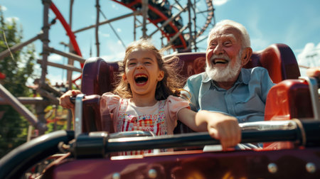 A young girl and an elderly man ride a roller coaster together. Grandfather and granddaughter laugh and smile at the amusement park. The scene is joyful and carefreeの素材