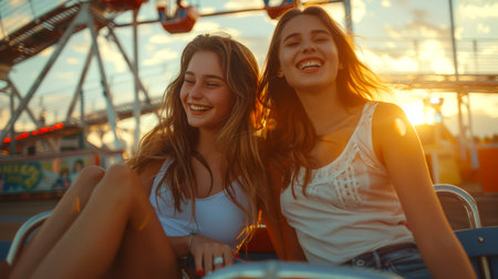 Two happy cute funny girlfriends are having fun at the carival. summer weekend at the amusement park. The girls smile and laugh, enjoying their time togetherの素材