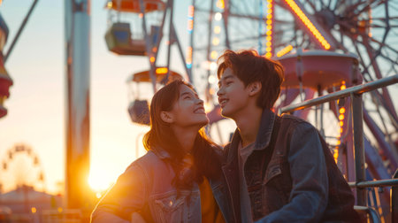 A young Asian couple in love is sitting by the Ferris wheel. The scene is happy and romantic. The first date at the amusement park. Summer entertainment for the whole familyの素材