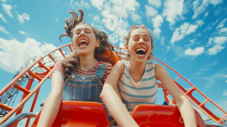 Two girlfriends are riding a roller coaster and laughing. Two young women are having fun at an amusement park on a sunny summer day. The scene is joyful and funnyの素材
