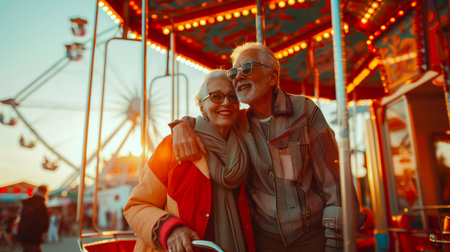 A couple of happy elderly people are standing next to the carousel at the amusement park smiling and hugging. They are at a carnival, and the atmosphere is joyful and cheerful.の素材