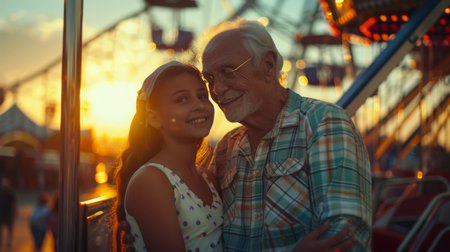 Grandpa brought his grown-up granddaughter to the amusement park at sunset. A young girl and an elderly man hug each other. The action takes place at a carnival. Summer entertainmentの素材