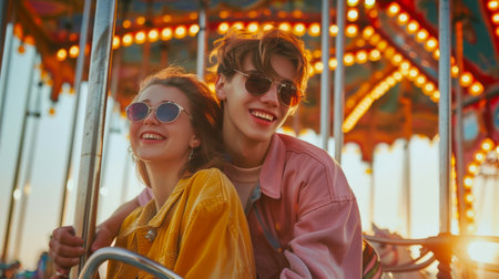 A cute funny couple of young people riding a carousel in an amusement park. A guy and a girl are sitting on a carousel, smiling and enjoying the ride. The scene is bright and cheerful, the sun is shining on themの素材