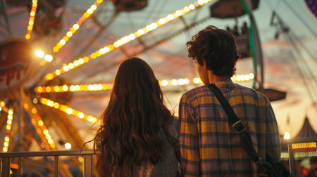 A guy and a girl are looking at a Ferris wheel in an amusement park. They are standing with their backs to the camera. a young couple of teenagers on a first date. A couple stands next to a Ferris wheel at a carnival.の素材