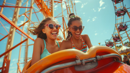 Two international girls in sunglasses ride a roller coaster and smile. Summer entertainment at the amusement park. Girlfriends on vacation.の素材