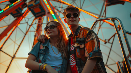 A stylish young beautiful fashionable heterosexual couple in sunglasses is sitting by the Ferris wheel during the carnival. Summer holidays at the amusement park.の素材