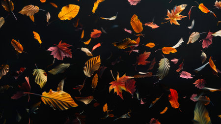 A variety of autumn leaves are swirling on a black background and slowly falling down. A black background with lots of yellow, red, green and orange leaves falling from the sky. The leaves are scattered all over the background.の素材