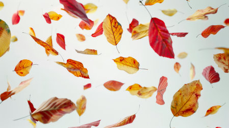 An armful of yellow, red and orange leaves hovers in the air on a white background. The image conveys the feeling of autumn. The leaves are scattered all over the sky, creating a feeling of freedom and movement.の素材
