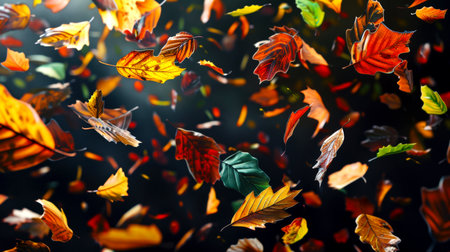 Autumn concept. Colorful autumn foliage swirls in the air on a black background. The leaves fall from the trees and scatter all over the ground. The scene is bright and livelyの素材