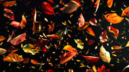 Black background with lots of orange and red leaves falling from the sky. Beautiful autumn leaves swirl all over the background, creating a sense of movement. Beautiful autumn backdrop.の素材