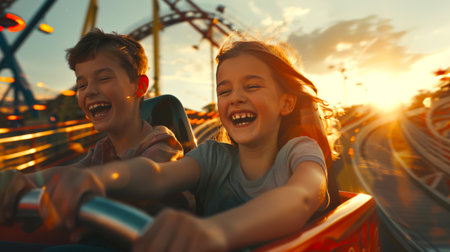 Brother and sister are having fun at an amusement park. Two happy children are riding a roller coaster and laughing. The sun is shining brightly in the background. The scene is joyfulの素材