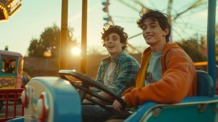Two cute young men ride a children's steam train in an amusement park at sunset. One of them is at the helm. Two friends have fun in the summer as much as they canの素材