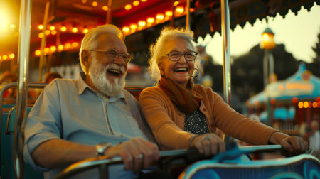 A couple of happy elderly people ride a carousel in an amusement park at sunset. Family weekend. They smile and laugh. The carousel is illuminated by lights.の素材