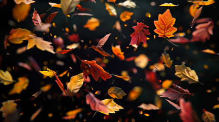 Autumn concept for design. Close-up of colorful autumn leaves falling from the sky. The leaves are orange and red, they are scattered all over the background. The picture shows a peaceful and calming moodの素材