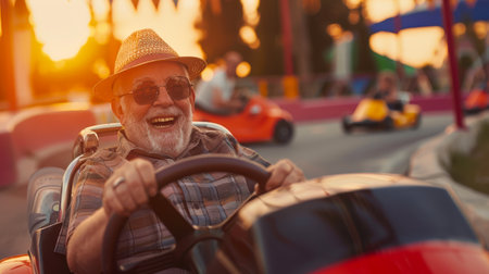 A cheerful elderly man in a hat and sunglasses goes karting in an amusement park at sunset in summer. He smiles and enjoys what is happening. Summer entertainmentの素材