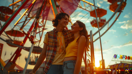 A young heterosexual couple in love stands in front of a Ferris wheel. The guy invited his girlfriend on a date to an amusement park. They are smiling and seem to be enjoying their time together.の素材