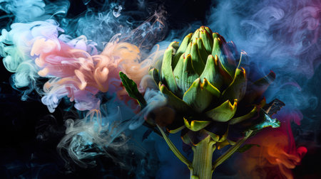 A large green artichoke on a stem surrounded by blue-pink smoke. The artichoke is surrounded by smoke and steam. There is something dreamy and surreal in the image, as if an artichoke is floating in smokeの素材