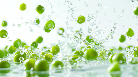 The harvest of green peas splashes in clean spring water. A bunch of green peas falls into the water. An ingredient for salads. A natural product. The scene is lively and playfulの素材
