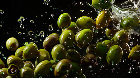 A close-up of an armful of green olives in drops of water floating in the air on a black background. A natural organic product. Food background. A delicious and healthy snack. The vegan dietの素材