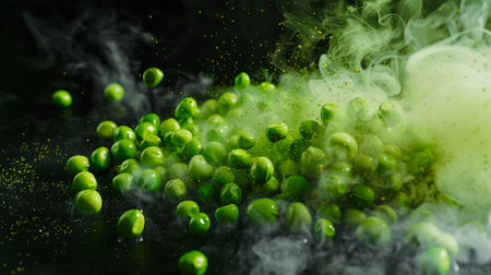 A bunch of green peas crumbles on the black surface, from which white-green smoke and steam rise. The concept of freshness and vitality, as peas are a healthy and nutritious dish. The vegan dietの素材