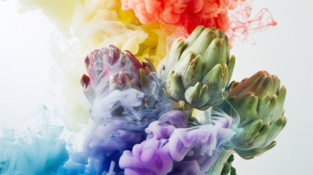 A bouquet of three green artichokes in a bright smoky mist. Red, yellow, blue and purple smoke envelops the inflorescences of artichokes floating in the air on a white background. Healthy eating. Mysterious food backgroundの素材