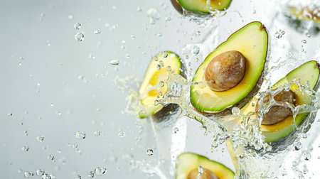 Avocado halves are washed under running water. Drops of clear water dance with avocados in the air. A delicious vegan snack. A natural organic product. food backgroundの素材
