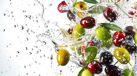 An assortment of juicy fresh olives splashes in clear water in the air on a white background. An Italian snack. Natural vegan products. An organic diet. Healthy eating.の素材