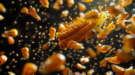 A close-up of an exploding corn cob and yellowish corn kernels flying in different directions. Corn is scattered all over the image. The scene is chaotic and disorganized. An ingredient for saladsの素材