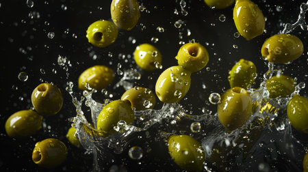 Green olives dance in a splash of clear water in the air on a black background. A bunch of green olives are splashing in the water. The image conveys a playful and carefree mood. A vegan snack. A natural organic Italian product.の素材