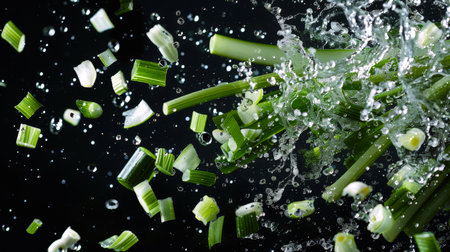 Leeks and their pieces splash in the water on a black background. Close-up of chopped celery and onion in drops of water. A feeling of freshness and vitality when vegetables are washed and prepared for consumption.の素材