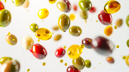 A harvest of fresh olives floats in the air with droplets of golden oil. A delicious and healthy snack. An ingredient for a summer salad. Italian natural organic product. Food background. The concept of energyの素材