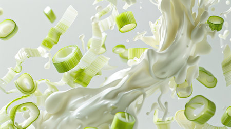 Pieces and slices of leek are mixed with splashes of natural mayonnaise. Sour cream dances with leek rings in the air on a white background. Healthy eating. A natural product. Food background. The concept of motion and energyの素材