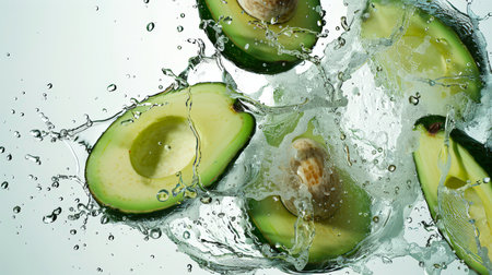 Close-up of avocado halves in a splash of clean spring water. Avocado splashes in the water. A vegan diet. A natural organic product. Food background. Healthy eatingの素材