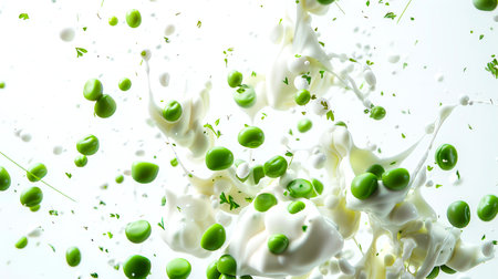 Ripe juicy green peas are mixed in the air with splashes of mayonnaise. Green peas in sour cream sauce. A natural organic product. Food background. Healthy eating.の素材