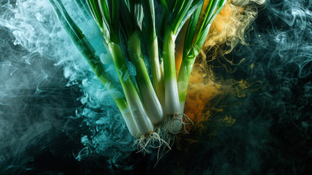 A new crop of green onions hangs in the air in yellow-blue smoke. Bunches of green onions float in a cloud of smoke. The smoke gives the scene a mysterious and eerie atmosphere. A natural product. food backgroundの素材