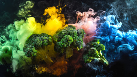 Three pieces of green broccoli float in colorful stylish smoke on a black background. A bunch of broccoli is surrounded by green-yellow-pink-blue smoke. A vegan dish. An organic product. A delicious snack. Healthy eatingの素材