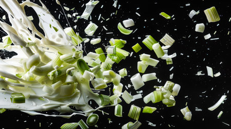 Pieces of leek dance in mayonnaise splashes in the air on a black background. White natural sour cream is mixed with slices of green leek. A vegan snack. Healthy eating. food backgroundの素材