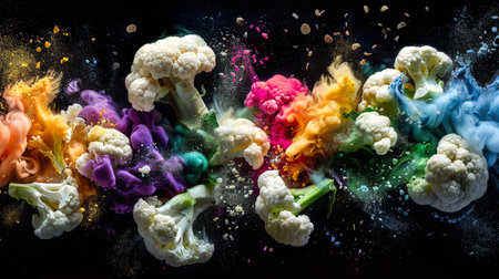 Inflorescences of cauliflower in multicolored powdered holi paints. Cauliflower in rainbow clouds of smoke on a black background. A natural organic product. Food background. Healthy eatingの素材